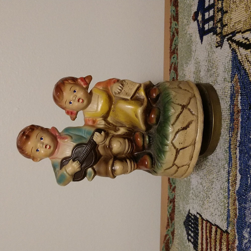 Vintage Chalkware Boy & Girl Children Singing Playing Guitar Music Box *WORKS*